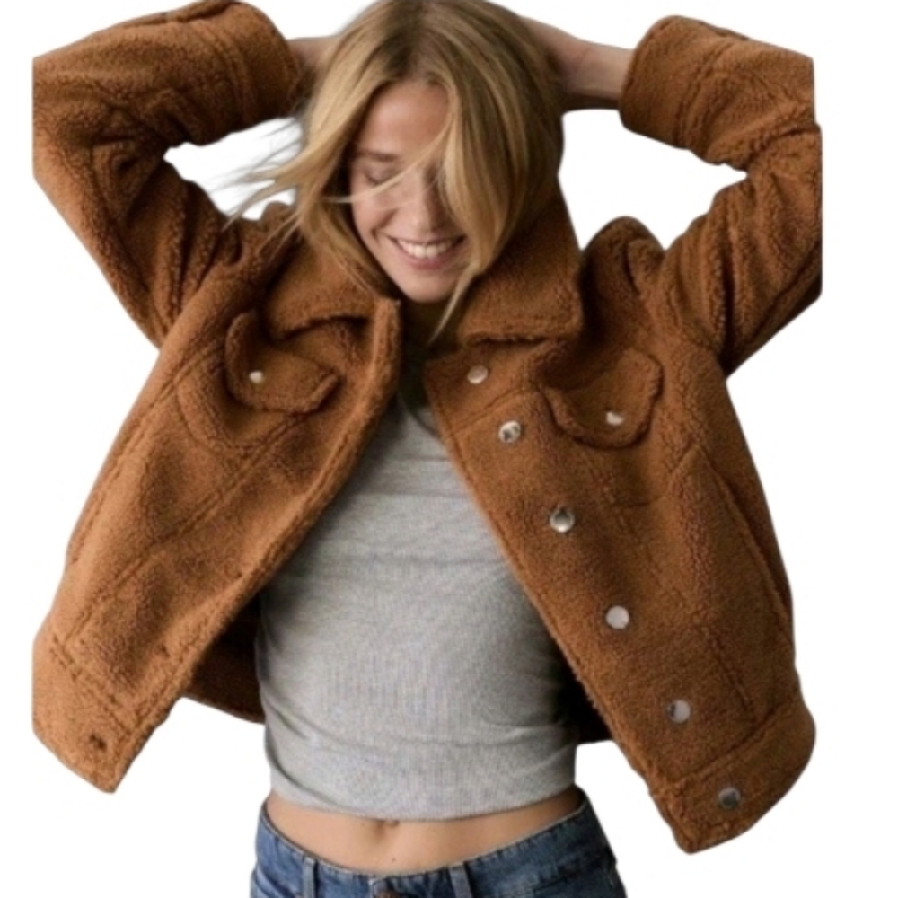 NWOT Anthropologie Avec Les Filles Teddy Sherpa Trucker Jacket in Caramel Brown - Picture 2 of 13